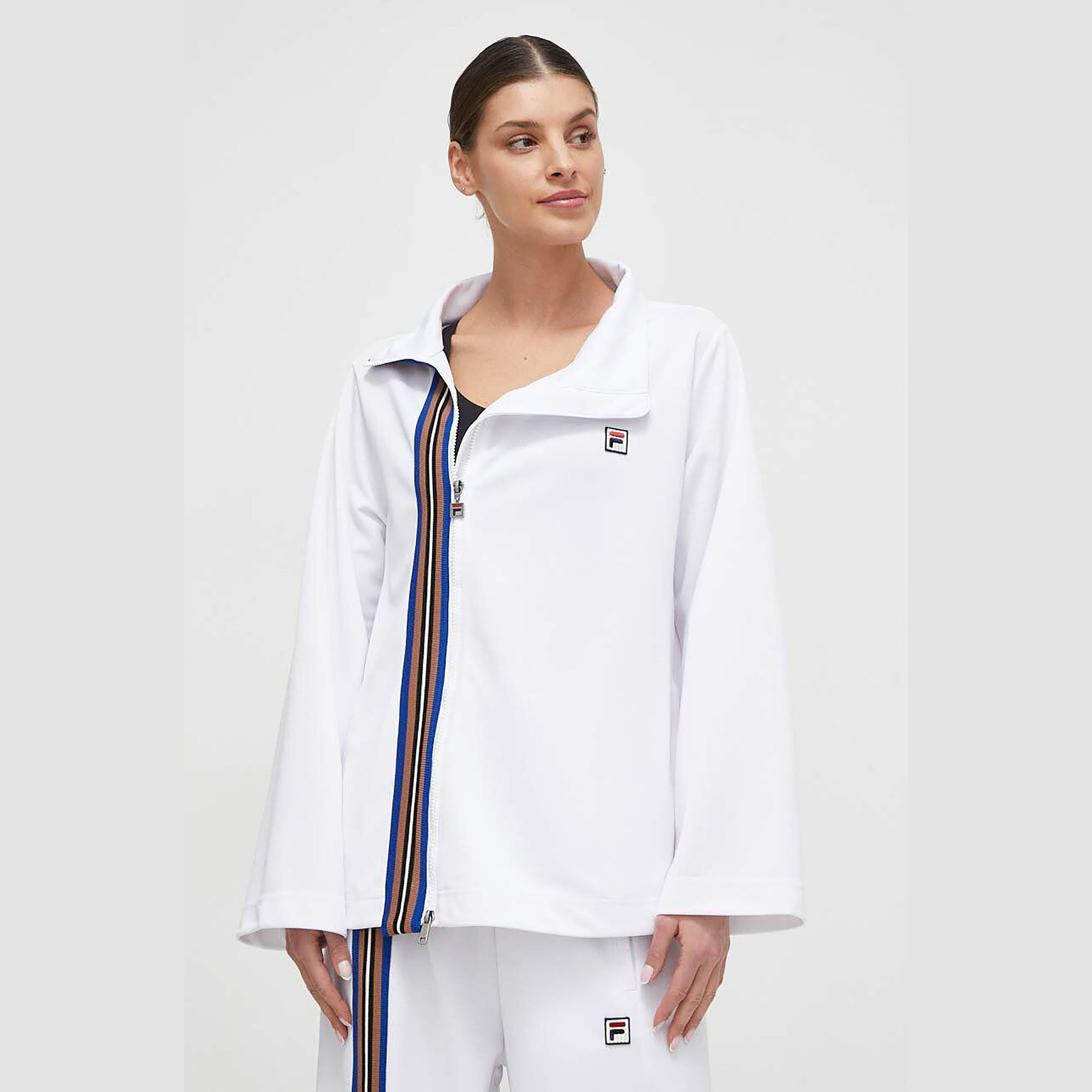 FLARED ASYMMETRICAL TRACK JACKET WITH SEVEN STRIPES TAPE DETAIL