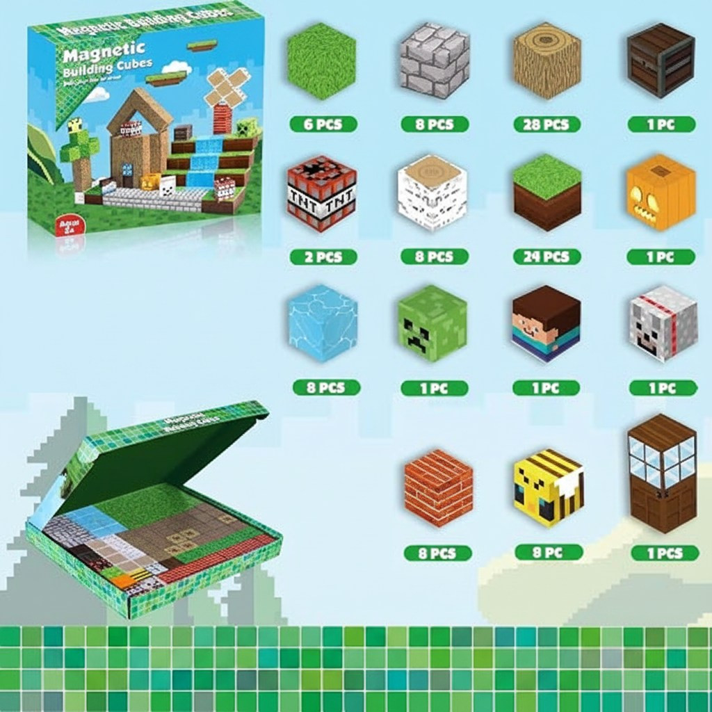 Rorotoys Manyetik Piksel Yapı Küpleri 106 Parça - Minecraft Evreni