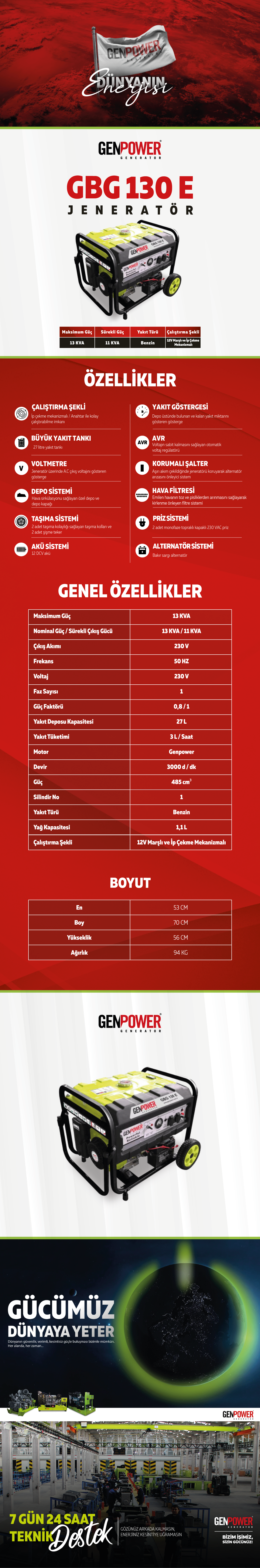 Genpower GBG 130E 13 Kva Benzinli Marşlı/İpli, Uzaktan Kumandalı tekerlekli, Monofaze ( 220 Volt) Portatif Jeneratör