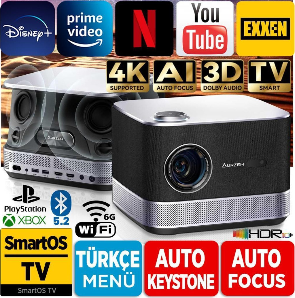 Vankyo Aurzen Boom 3 4K Android TV Projeksiyon Cihazı+Auto Focus+Auto ...