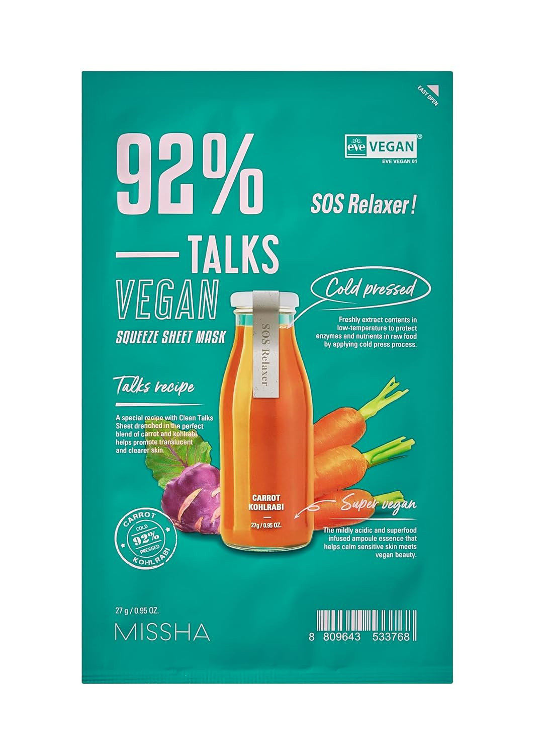 Missha Talks Vegan Squeeze Sheet Mask Sos Relaxer Hassas Ciltler İçin Stres Karşıtı Kağıt Maske