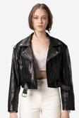 DERİCLUB H.Quinn Crop Biker Kadın Deri Mont SİYAH BASKILI