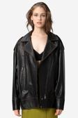 DERİCLUB WM019 Oversize Biker Hakiki Deri Kadın Mont SİYAH/TABA