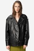 DERİCLUB WM019 Oversize Biker Hakiki Deri Kadın Mont SİYAH/BEJ