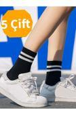 Pi Giyim 5 Çift Çizgi Desenli Pamuku Unisex Tenis Çorap