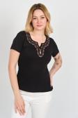 Ella Camelia Kadın Açma Yaka Taşlı ve Desenli Pamuklu Bluz 23E010 Siyah