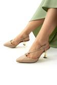 Güllü Shoes Lüks Bej Mat Kadın Topuklu Ayakkabı Altın Detaylı Şık Ve Zarif Günlük Özel Gün Kombinleri İçin