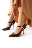 Güllü Shoes Bilekten Tokalı Bordo Rugan Stiletto | Beyaz İnce Topuk | Rahat Kalıp| Sivri Burun Şık Kadın Topuklu