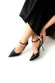Güllü Shoes Siyah Rugan Stiletto Kadın Ayakkabı, Altın Topuklu, Bilekten Bağlı Tokalı, Sivri Burun, Şık Stiletto