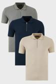 Buratti Pamuklu Regular Fit Yarım Fermuarlı 3'lü Paket Erkek Polo Yaka T Shirt 5902738S3 Vizon-Açık Haki-İndigo
