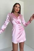 Signora Rosso Saten Vatkalı Gömlek Elbise Pembe L