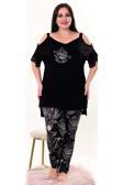 Quilling Siyah Renk Çiçekli Lady 10955 Şık Ve Rahat Büyük Beden Penye Pijama Takımı