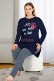 Quilling Lacivert Renk Desenli Lady 11401 Kadın Uzun Kol Büyük Beden Penye Pijama Takımı
