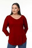 Curvy Trend Büyük Beden Geniş V Yaka Yarım Kol Oval Yırtmaç Bluz