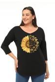 Curvy Trend Büyük Beden Sun Flower Baskılı Geniş V Yaka Yarım Kol Oval Yırtmaç Bluz