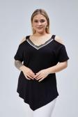 Curvy Trend Büyük Beden Yaka Şerit Omuz Dekolte Üçgen Etekli Bluz