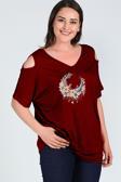 Curvy Trend Büyük Beden Boho Hilal Baskılı Omuzu V Pencere Kısa Kol Bluz