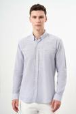  Erkek Gri Pamuk Çizgili-Panolu İtalyan Yaka Slim Fit Gömlek