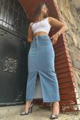 Viking's Line Kadın Maxi Denim Etek Likralı Önden Yırtmaçlı Yüksek Bel Acık Mavi