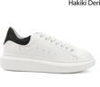 Kadın Beyaza Siyah Bağcıklı Dolgu Taban Hakiki Deri Sneaker