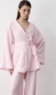 Laluvia Pembe Pamuklu Düğme Detaylı Kemerli Keten Kimono