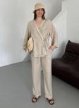 Laluvia Natural Detaylı Yan Bağlamalı Keten Kumaş Kimono Takım - 8373