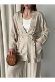 Laluvia Natural Cep Detaylı Kuşaklı Kimono Takım - 8491
