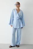 Laluvia Mavi Pamuklu Kimono Bol Paça Pantolon Takım