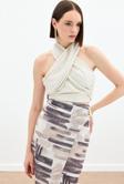 Halter Yaka Keten Crop Bluz - Bej