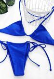 Kadın Mavi Yandan Bağlamalı Tangalı Üçgen Bikini Mayo Takımı
