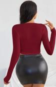 Kadın Bordo Uzun Kol Kare Yaka Crop Top Bluz