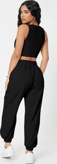 Kadın Siyah Kaşkorse Cepli Jogger Eşofman Altı ve Crop Top Bluz