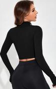 Kadın Siyah Uzun Kol Fermuarlı Parmak Geçme Detaylı Dik Yaka Crop Top Bluz
