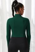 Kadın Yeşil Uzun Kol Fermuarlı Parmak Geçme Detaylı Dik Yaka Crop Top Bluz