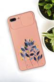Mooodcase İphone 7 Plus Uyumlu Mavi Yaprak Desenli Kamera Koruma Slider Kapaklı Silikonlu Telefon Kılıfı