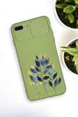 Mooodcase İphone 7 Plus Uyumlu Mavi Yaprak Desenli Kamera Koruma Slider Kapaklı Silikonlu Telefon Kılıfı