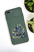 Mooodcase İphone 7 Plus Uyumlu Mavi Yaprak Desenli Kamera Koruma Slider Kapaklı Silikonlu Telefon Kılıfı
