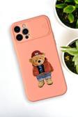Mooodcase İphone 12 Pro Max Uyumlu Teddy Bear Desenli Kamera Koruma Slider Kapaklı Silikonlu Telefon Kılıfı