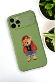Mooodcase İphone 12 Pro Max Uyumlu Teddy Bear Desenli Kamera Koruma Slider Kapaklı Silikonlu Telefon Kılıfı