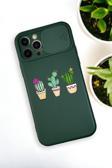 Mooodcase İphone 12 Pro Uyumlu Üçlü Kaktüs Desenli Kamera Koruma Slider Kapaklı Silikonlu Telefon Kılıfı