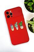 Mooodcase İphone 12 Pro Uyumlu Üçlü Kaktüs Desenli Kamera Koruma Slider Kapaklı Silikonlu Telefon Kılıfı