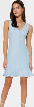 Finike Dokuma Mini Elbise A Line Kesim V Yaka Düğmeli Polyester Karışımlı Modern Stil