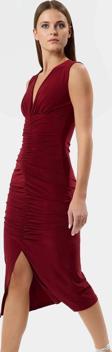 Rahat Ve Şık Bodycon Midi Elbise Örme Kumaş V Yaka Büzgü Detaylar 120 cm Boy