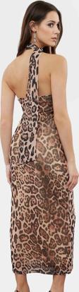 Yazlık Kolsuz Bodycon Tül Elbise Leopar Desenli Midi Boy Astarlı Mükemmel Uyum Premium Kalite
