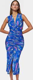 Rahat Ve Şık Bodycon Midi Elbise Örme Kumaş V Yaka Büzgü Detaylar 120 cm Boy