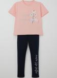 Breeze Kız Çocuk Taytlı Takım Çiçek & Yazı Baskılı Fiyonklu 5-10 Yaş, Pembe
