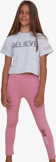 Breeze Kız Çocuk Kapri Taytlı Crop Takım Yazı Baskılı 8-12 Yaş, Açık Gri Melanj