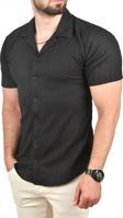 DeepSEA Erkek Siyah Slim Fit Pamuklu Apaş Yaka Kısa Kol Penye  Gömlek Dokulu Jakar Kumaş Dar Kesim Spor Gömlek 2501216