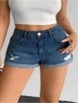 Kadın Yüksek Bel Katlamalı Paça Denim Şort Mavi