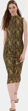 Leopar Desenli Midi Kalem Elbise Polyester Örme Kumaş Bodycon Kalıp Yazlık Dayanıklı Malzeme